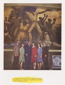 A colorized yearbook image of a group of law students standing on top of the circulation desk below the Curry mural.