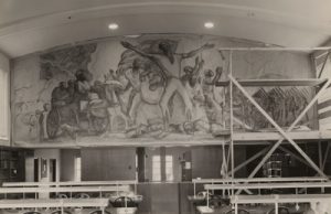Black and white photo of the Curry mural as a full-size sketch before painting.